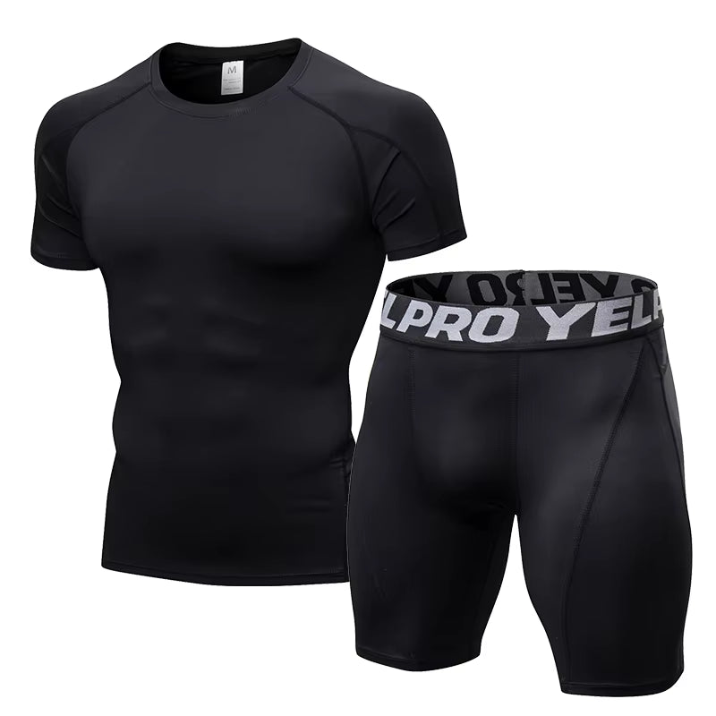 Quick Dry Compression Suits Short Sleeve Shirt+Shorts Men'S Running Set Fitness Tight Sport Suit Men Outdoor Jogging Sportswear