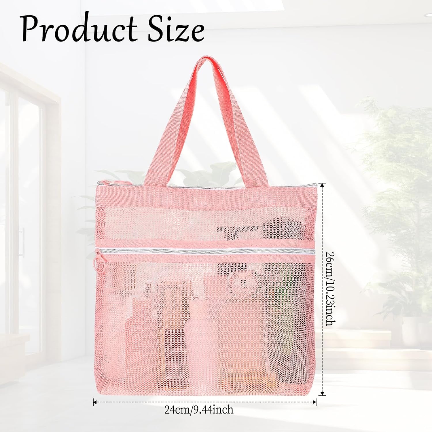 Mesh Shower Caddy Bag, Portable Small Hanging Toiletry Tote Bag with Zipper, Shower Caddy Quick Dry Mesh Tote Bag for Gym, Travel, Camp, Beach, for Sunscreen, Dorm & College Essentials(Pink)