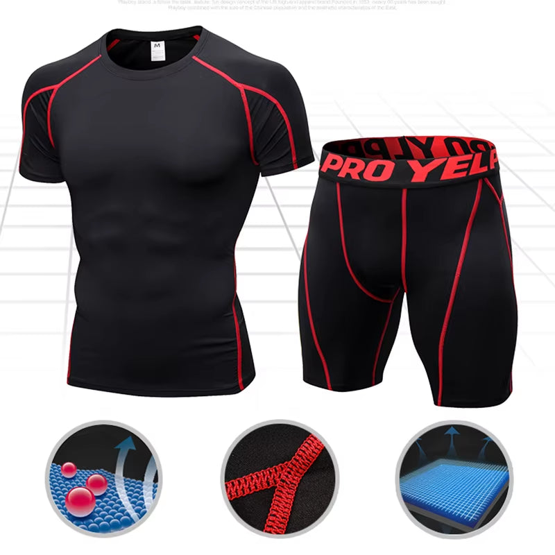 Quick Dry Compression Suits Short Sleeve Shirt+Shorts Men'S Running Set Fitness Tight Sport Suit Men Outdoor Jogging Sportswear