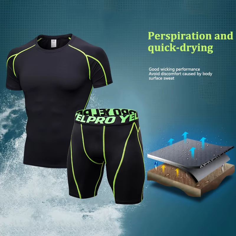 Quick Dry Compression Suits Short Sleeve Shirt+Shorts Men'S Running Set Fitness Tight Sport Suit Men Outdoor Jogging Sportswear