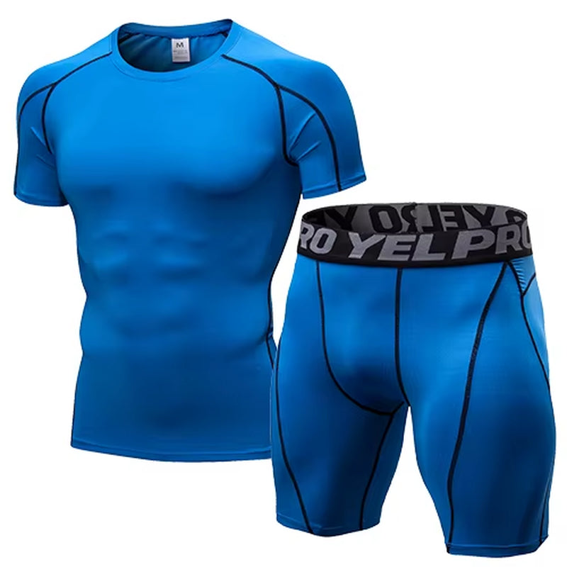 Quick Dry Compression Suits Short Sleeve Shirt+Shorts Men'S Running Set Fitness Tight Sport Suit Men Outdoor Jogging Sportswear