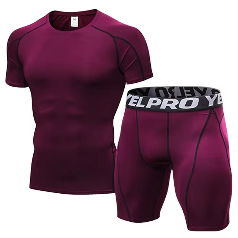 Quick Dry Compression Suits Short Sleeve Shirt+Shorts Men'S Running Set Fitness Tight Sport Suit Men Outdoor Jogging Sportswear