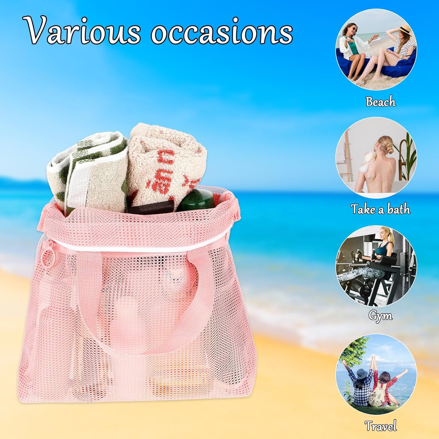 Mesh Shower Caddy Bag, Portable Small Hanging Toiletry Tote Bag with Zipper, Shower Caddy Quick Dry Mesh Tote Bag for Gym, Travel, Camp, Beach, for Sunscreen, Dorm & College Essentials(Pink)
