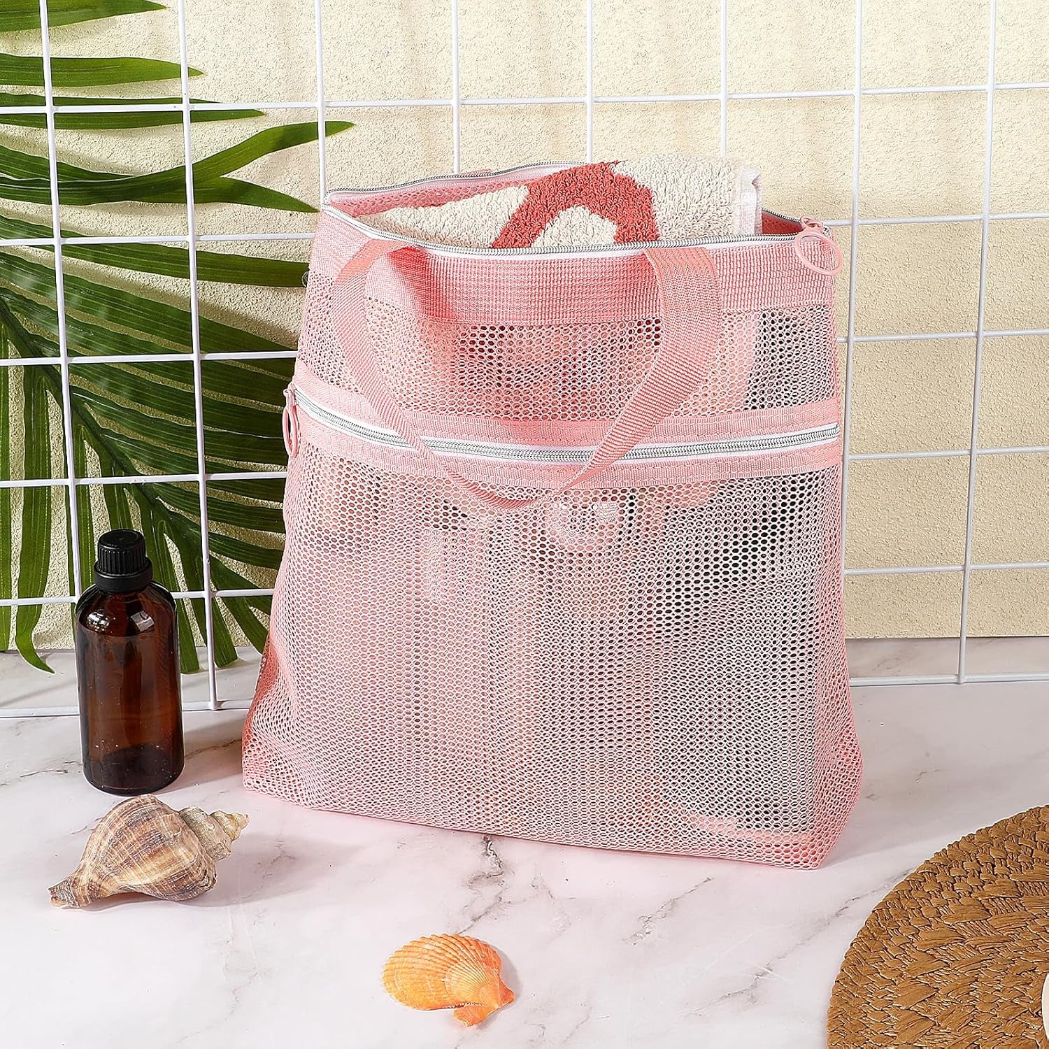 Mesh Shower Caddy Bag, Portable Small Hanging Toiletry Tote Bag with Zipper, Shower Caddy Quick Dry Mesh Tote Bag for Gym, Travel, Camp, Beach, for Sunscreen, Dorm & College Essentials(Pink)
