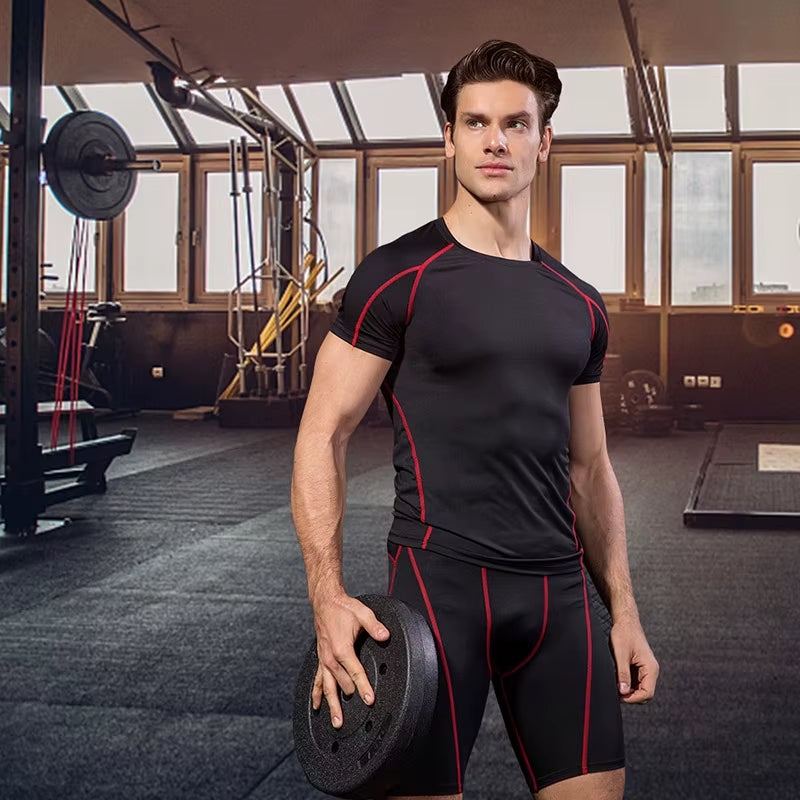 Quick Dry Compression Suits Short Sleeve Shirt+Shorts Men'S Running Set Fitness Tight Sport Suit Men Outdoor Jogging Sportswear