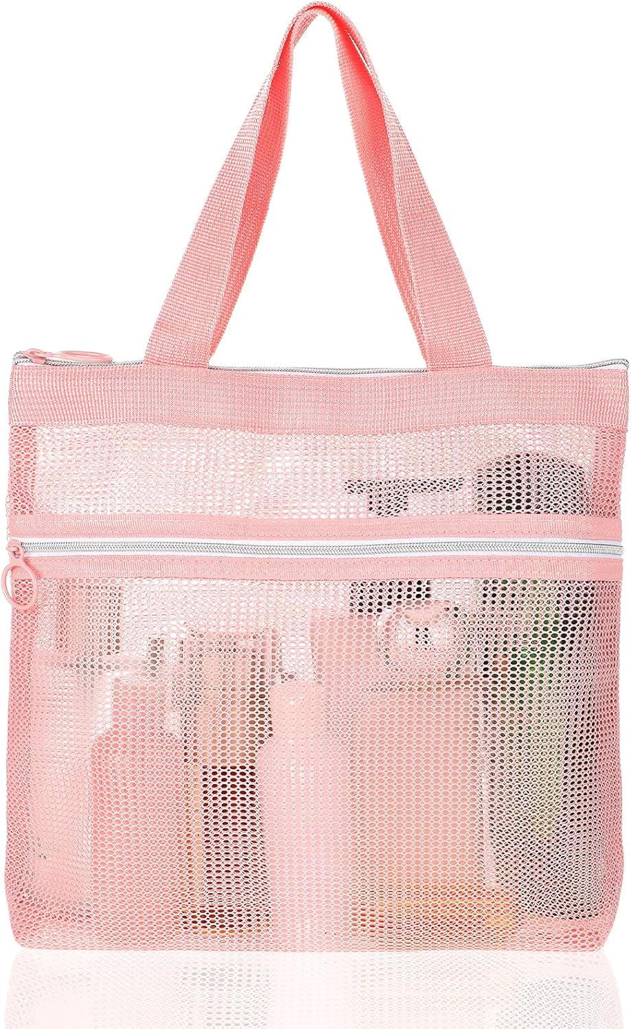 Mesh Shower Caddy Bag, Portable Small Hanging Toiletry Tote Bag with Zipper, Shower Caddy Quick Dry Mesh Tote Bag for Gym, Travel, Camp, Beach, for Sunscreen, Dorm & College Essentials(Pink)