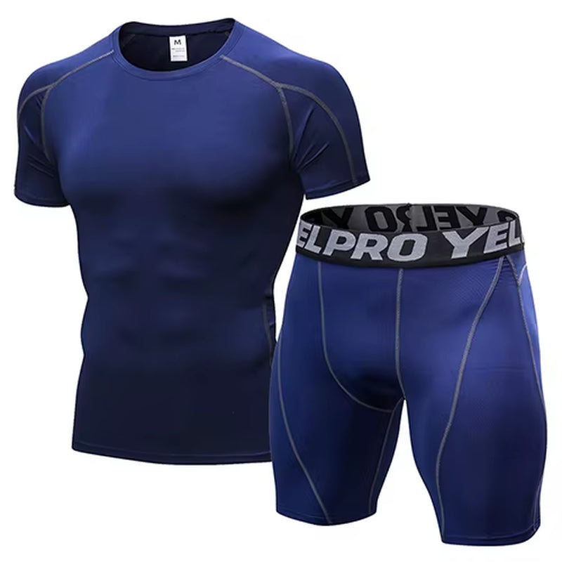 Quick Dry Compression Suits Short Sleeve Shirt+Shorts Men'S Running Set Fitness Tight Sport Suit Men Outdoor Jogging Sportswear