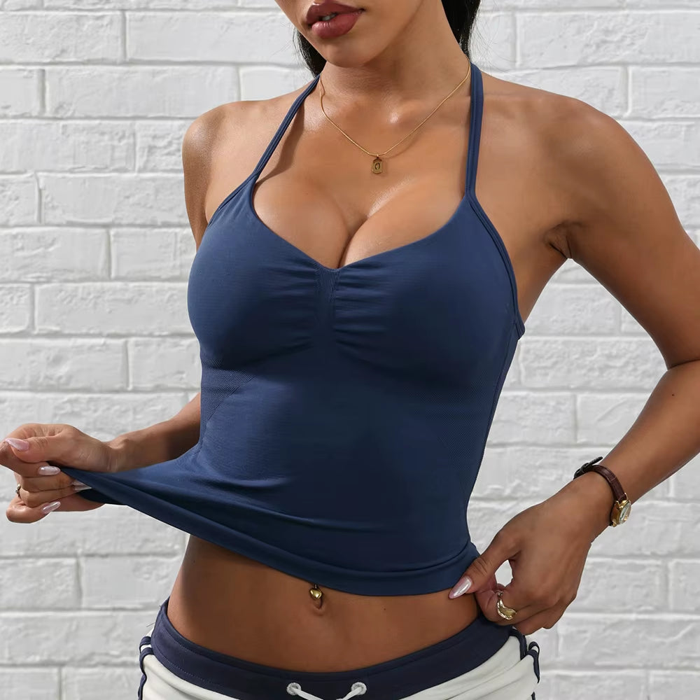 Adjustable Strappy Gym Top Backless Gym Clothes Women Scrunch Bra Removable Cups Yoga Tank Workout Outfits Tops Sports Vest